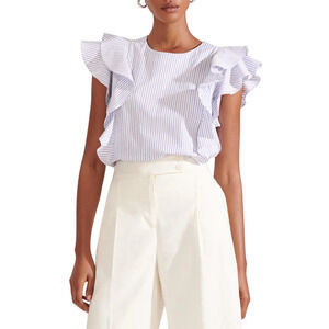 Veronica Beard Emert Striped Flutter Sleeve Ruffle Trim Blouse Top Blue/White 0